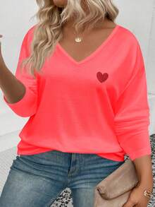EMERY ROSE Women's Heart Print V-Neck Long Sleeve Plus Size T-Shirt, Popular For Autumn/Winter - Red - View 3