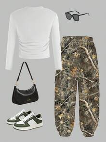 Sparklyn 2pcs Set: Camouflage Pants And Butterfly Print Long Sleeve Top, Fashion Digital Printing, Girls Streetwear Outfit, Suitable For Autumn/Winter - Multicolor - View 2