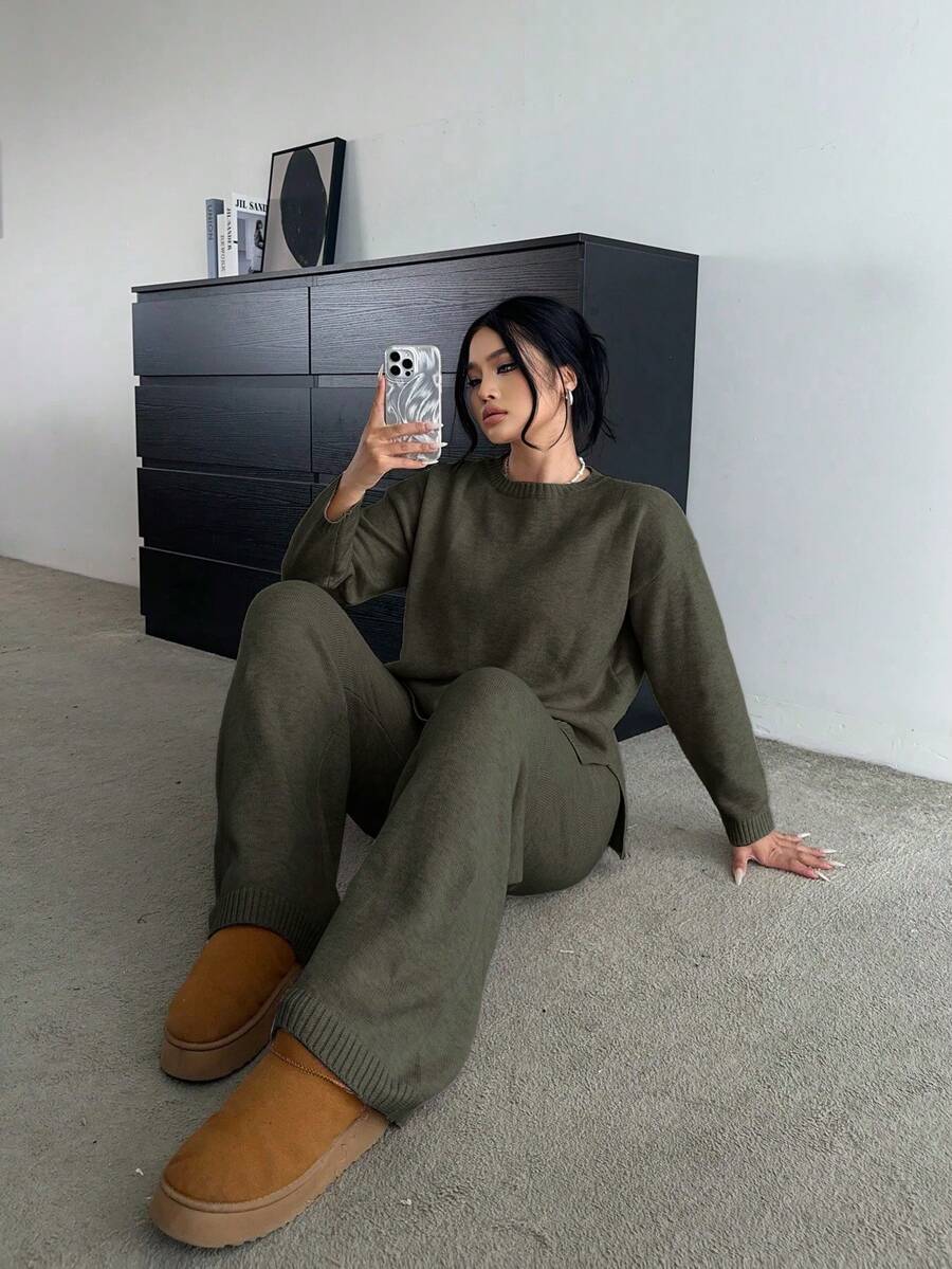 Vibekara Conjunto de pantalones de pierna ancha y manga larga de punto suave y favorecedor, versátil y casual - Verde militar - Ver 1