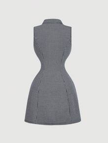 SHEIN MOD Houndstooth Collar Sleeveless Women Mini Dress - Navy Blue - View 2