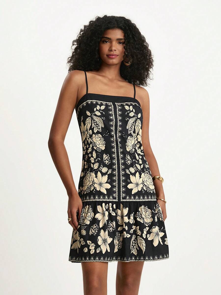 CAJUNI Vestido de tirantes casual de verano con estampado floral para vacaciones - Negro - Ver 1