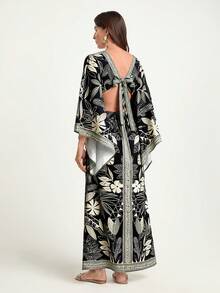 CAJUNI Women's Autumn/Winter V-Neck Oversized Sleeve Hollow Waist Backless Tie Straight Dress With Brazilian Parrot, Tropical Floral, Print