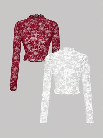 SHEIN MOD 2件套女式蕾丝透视长袖白色和酒红色上衣