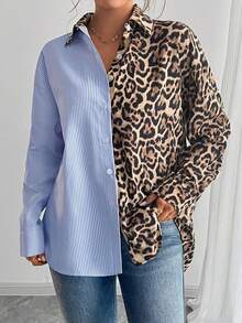 SHEIN PETITE 秋季法式优雅豹纹撞色条纹宽松休闲长袖衬衫，适合女士冬季穿着，也适合夏季、圣诞节、新年、感恩节、派对、海滩、毕业典礼等场合。这款衬衫优雅时尚，适合正式场合，也可作为女士正装、性感服饰、度假装、时尚休闲通勤装、商务办公装、百搭时尚日常休闲装以及都市教师职业装。 - 棕色 - 查看 4