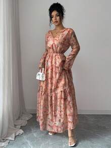 Rafferiza Elegant långklänning med V-ringning och blommönster för kvinnor (asymmetriskt tryck) - Multifärgad - Visa 3