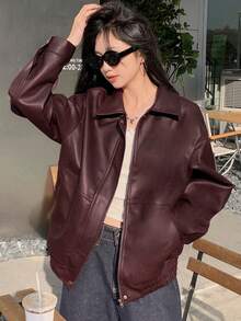 DAZY 女士纯色PU街头休闲长袖夹克皮夹克 - 酒紅色 - 查看 3