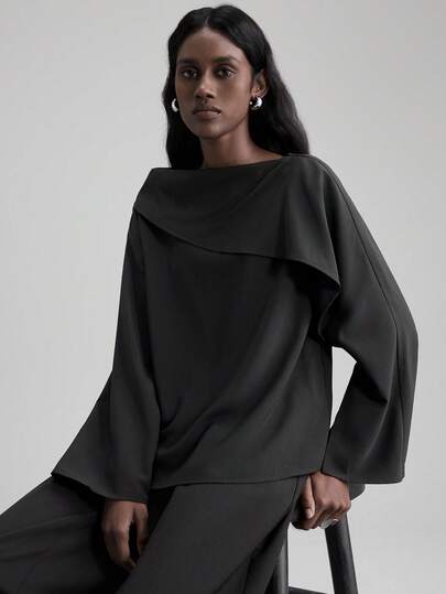 Ontre Blusa holgada de ajuste casual con cuello drapeado y mangas acampanadas, de unicolor, adecuada para el uso diario en primavera y otoño