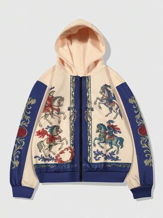 Street Life Sweat-shirt à capuche zippé avec graphique de chevalier à cheval