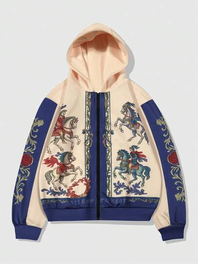 Street Life Knight On Horse Graphic Zip-Up Hooded Sweatshirt Sweatshirt