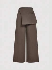 SHEIN MOD Women Brown Overlay Formal Pants, Suitable For Back To School Season, Workwear In Fall/Winter, Wide Leg Pants,Fall,Fall Clothes For Women - Brown - View 1