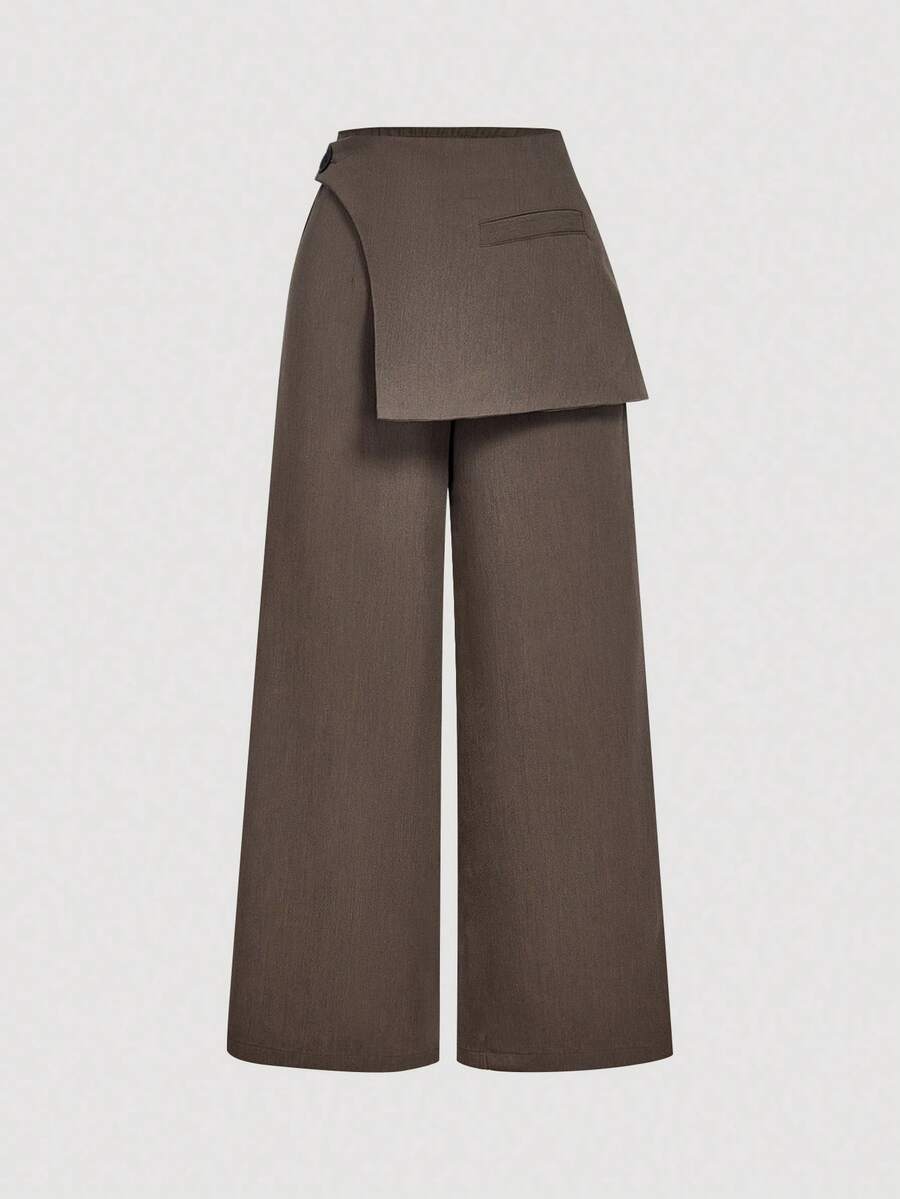 SHEIN MOD Women Brown Overlay Formal Pants, Suitable For Back To School Season, Workwear In Fall/Winter, Wide Leg Pants,Fall,Fall Clothes For Women - Brown - View 1