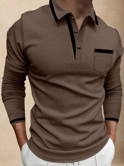 Manfinity Homme 男士撞色口袋设计长袖休闲通勤 Polo 衫 男士棕色上衣 黑色和卡其色衬衫 男士休闲上衣 棕色针织衫 Polo 衫 男士长袖