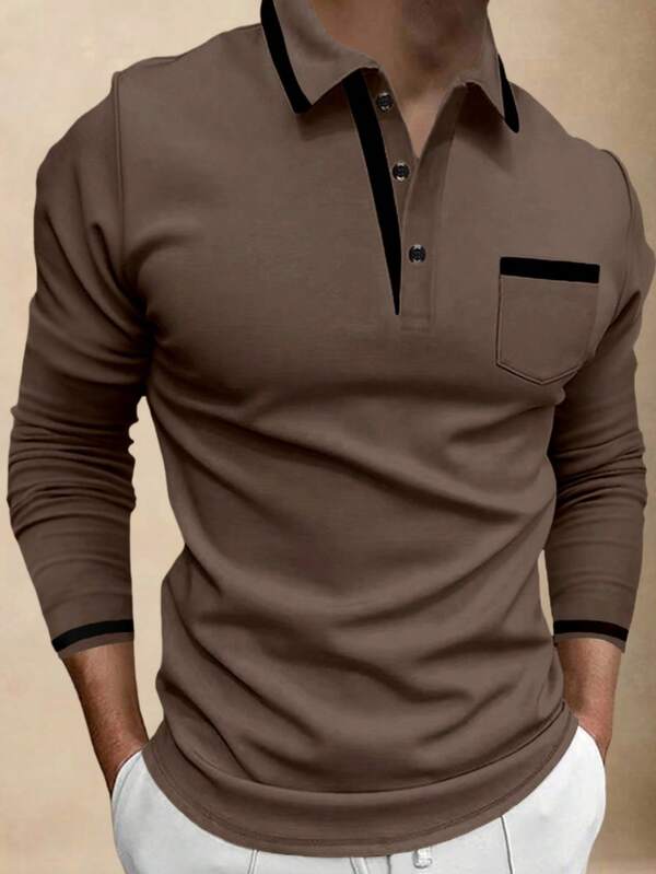 Manfinity Homme Men's Contrast Color Pocket Design Long Sleeve Casual Commuter Polo Shirt Men Brown Tops Black And Khaki Shirt Men S Men Casual Tops Brown Jersey Shirt Polo Shirts For Men Long Sleeve Mens Casual Tops Men Brown Polo Shirt Long Sleeve