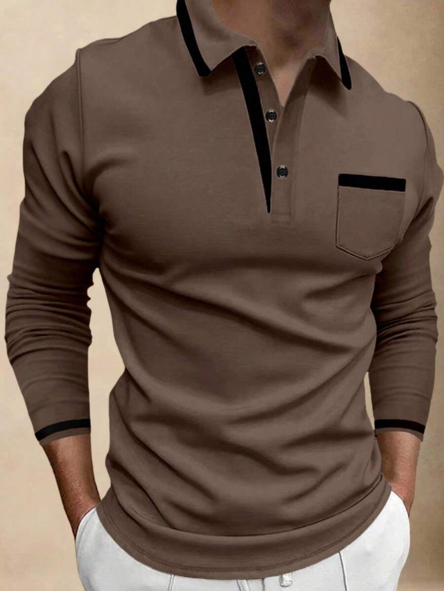 Manfinity Homme 男士撞色口袋设计长袖休闲通勤 Polo 衫 男士棕色上衣 黑色和卡其色衬衫 男士休闲上衣 棕色针织衫 Polo 衫 男士长袖 - 卡其色 - 查看 1