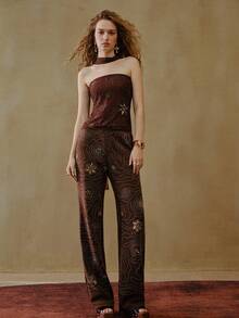 MOTF STUDIO 优雅串珠花卉刺绣露肩流苏波西米亚风时尚百搭重饰上衣 - 棕色 - 查看 5