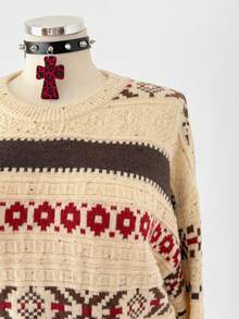 Sunspun Christmas Plus Size Women Casual Loose Vintage Jacquard Knit Sweater Dress, Autumn/Winter - Apricot - View 6