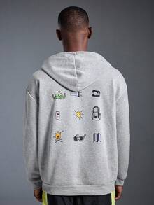 DRIFTMERE 男士户外探险元素印花抽绳连帽卫衣，返校季，秋冬季，适合秋冬季穿着 - 灰色 - 查看 2