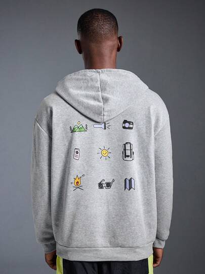  DRIFTMERE 男士户外探险元素印花抽绳连帽卫衣，返校季，秋冬季，适合秋冬季穿着