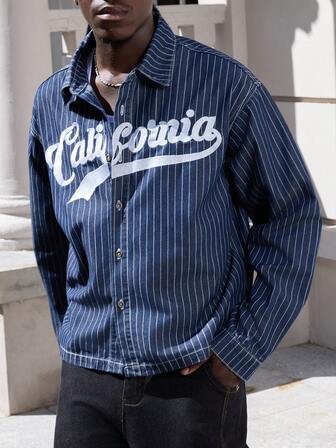 Prep Men Striped Print Denim Jacket, Fall