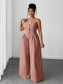 Maweii 大码女式优雅别致纯色金属纽扣褶皱宽松阔腿连体裤，夏季 - 藕粉色 - 查看 5