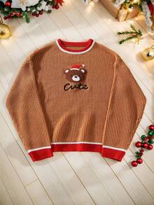 Manfinity Homme Men's Christmas Family Cartoon Pattern Men Sweater Christmas Theme Contrast Trim Long Sleeve Sweater, Knit Wear, Gift Idea For Boyfriends Or Husbands Or Child Or Friends,Family Christmas Dad And Son Matching Top, Fall Winter - Multicolor - View 1