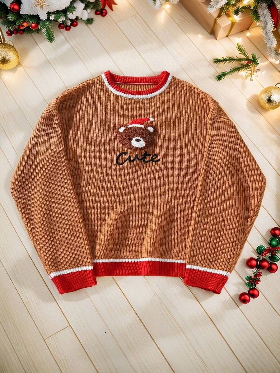 Manfinity Homme Men's Christmas Family Cartoon Pattern Men Sweater Christmas Theme Contrast Trim Long Sleeve Sweater, Knit Wear, Gift Idea For Boyfriends Or Husbands Or Child Or Friends,Family Christmas Dad And Son Matching Top, Fall Winter - Multicolor - View 1