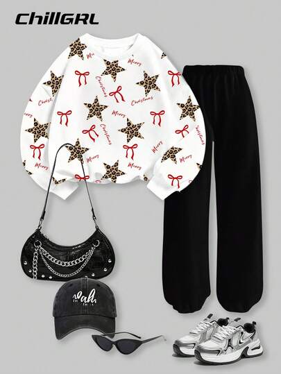 SHEIN ChillGRL 2 件套青少年女孩圣诞豹纹星星和蝴蝶结设计运动衫和裤子套装，宽松套头衫和裤子，适合秋冬季，节日服装，圣诞服装，节日服装，休闲冬装，女孩冬装