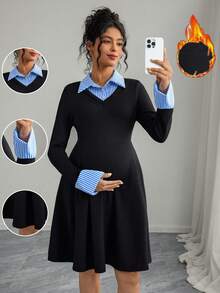 Momance Maternity Stylish Ribbed Patchwork Knit Dress - Black - View 2