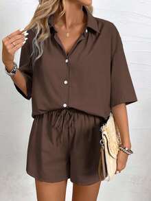 EMERY ROSE 2pcs Women's Solid Color Minimalist Daily Short Sleeve Shirt And Shorts Set,Ladies Casual Drawstring,Knot Short Sleeve Oversized Coffee Brown Drop Shoulder Shorts Women Two-Piece Outfits,Spring/Summer,Casual Daily Wear