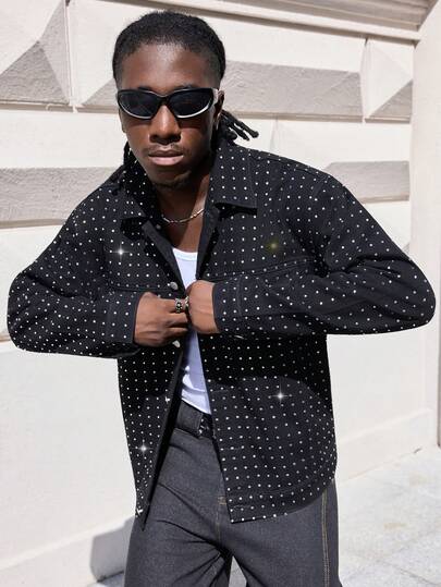 Street Life Men's Fashion Rhinestone Embellished Black Denim Jacket, Fall