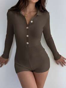 SHEIN Unity Women's Casual Solid Color Knit Romper - Brown - View 7