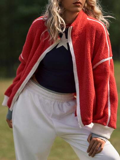 WanderVale 女式圣诞红白羊羔绒拼接长袖宽松休闲户外前拉链夹克，秋冬