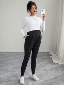Momance Solid Color Long Pocket Pleated Skinny Casual Comfortable Maternity Leggings - Black - View 7