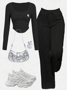 SHEIN Tween Girls Back To School Sports Casual Solid Color Set, Long Sleeve Cropped T-Shirt With Ruched Details And Straight Leg Sweatpants, Autumn/Winter - Black - View 2