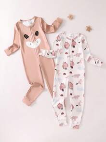 2件套男童卡其色森林动物狐狸印花长袖连体衣舒适睡衣 - 卡其色 - 查看 4