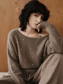 Uhlyne 1pc Women Asymmetric Neck Faux Pearl Decor Long Sleeve Sweater, Autumn/Winter Knit Pullover Fall - Mocha Brown - View 7