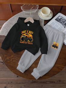 GraphicGems 2 Stücke/Set Hoodie Sweatshirt mit Muster von Feuerwehrauto & Geländewagen für Kleine Jungen und graue Jogginghose, lässiger Sportoutfit für Lässig und Straße, geeignet für Herbst/Winter