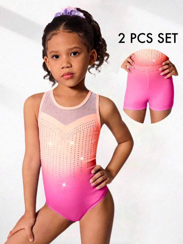 2pcs/Set Young Girls' Gymnastics Leotard And Shorts Set, Cute Printed & Rhinestone Decor, Suitable For Casual, Sports, Competition