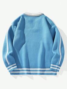 Manfinity Roghcode Jersey casual de hombre con bloques de color y rayas con estampado de dibujos animados, para otoño/invierno - Azul - Ver 2