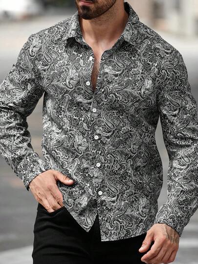 Manfinity Homme Camisa de manga larga de solapa única con estampado de paisley para hombre, estilos acogedores de otoño e invierno, regalos de Navidad, tops de manga larga de Navidad, tops para salir