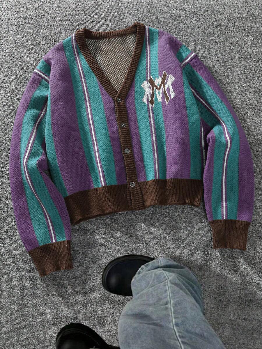 Manfinity ZONE917 Áo khoác cardigan sọc nhiều màu thường ngày cho nam, Thu/Đông - Màu tím - Xem 1