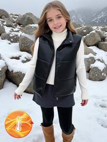 SHEIN Kleine Mädchen Vintage Lässig Minimalist gesteppte Jacke mit Tasche aus PU-Leder, gepolstert, geeignet für Herbst/Winter, Outdoor