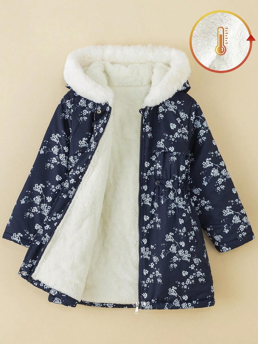 SHEIN Playful Pals 女童碎花连帽羽绒服，带仿抽绳，加厚保暖冬装 - 藏蓝色 - 查看 1