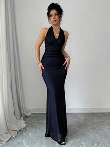 Rafferiza 优雅修身鱼尾下摆 V 领腰部褶皱针织网眼紫红色衬里长款连衣裙，适合女士，秋冬 - 藏蓝色 - 查看 6