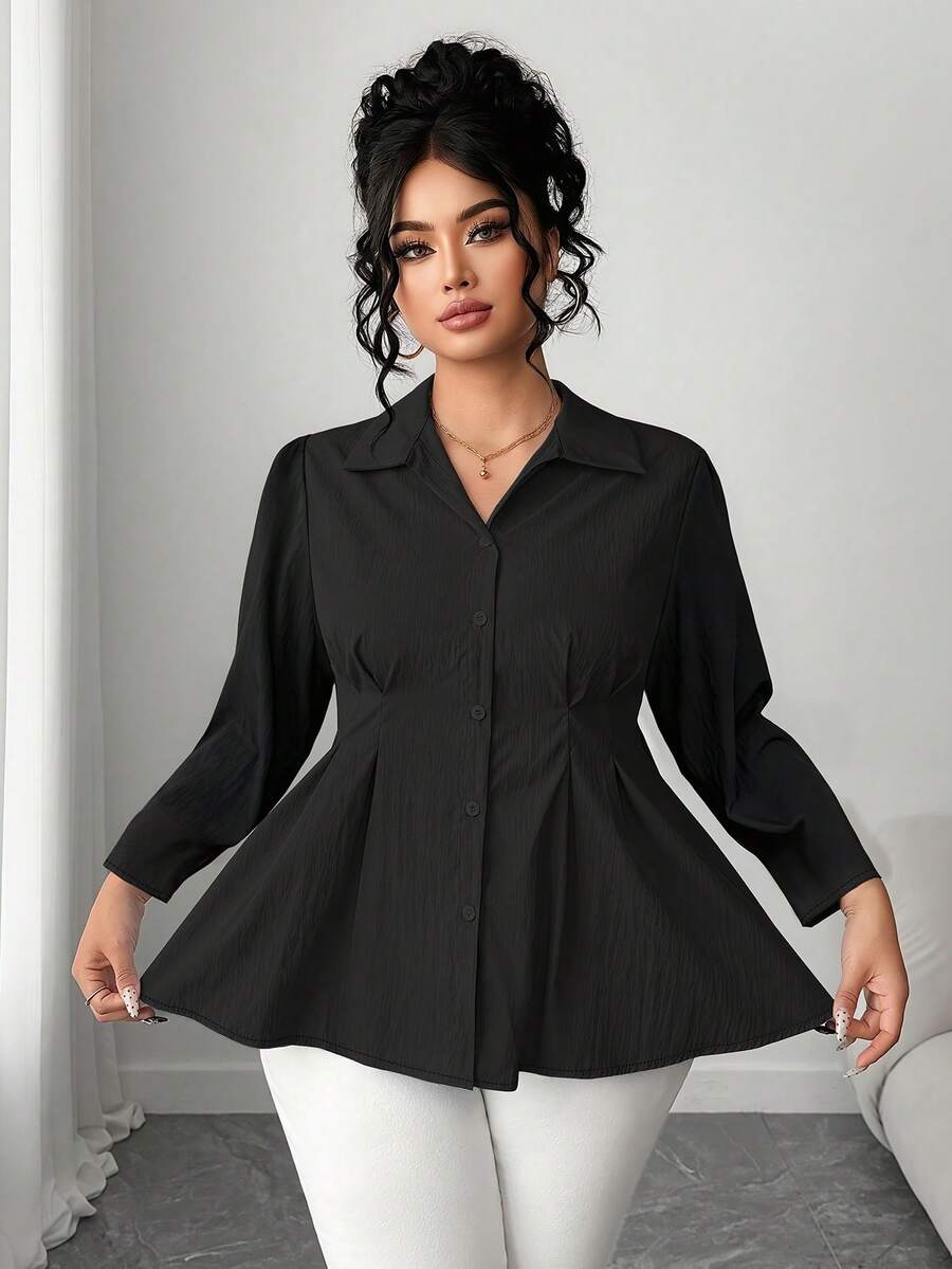 Elenzga 大码女式休闲束腰上衣 - 黑色 - 查看 1