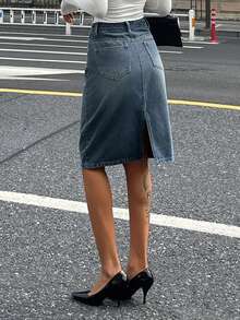 DAZY Women's Regular Waist Rhinestone Embellished Straight Casual Denim Skirt, Summer Y2k - Medium Wash - View 4