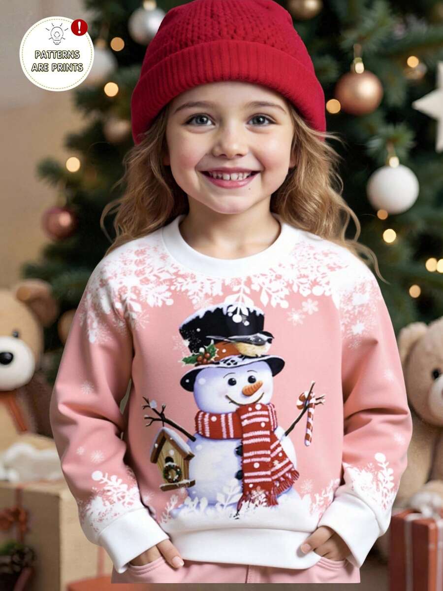 Young Girl Cute & Sweet Christmas Snowman & Gingerbread Man Snowflake Print Round Neck Sweatshirt, Suitable For Autumn/Winter And Christmas Wear - Multicolor - View 1