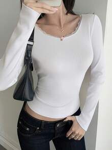 Livesso Women's Lace Trim Long Sleeve Fitted T-Shirt, Autumn