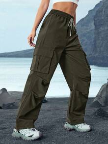 In My Nature 女式户外宽松褶裥抽绳工装裤 - 橄欖綠 - 查看 5