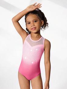 Set de 2 piezas de maillot y shorts de gimnasia para niñas, con estampado lindo y decoración de rhinestones, adecuado para uso casual, deportivo y de competición - Multicolor - Ver 3